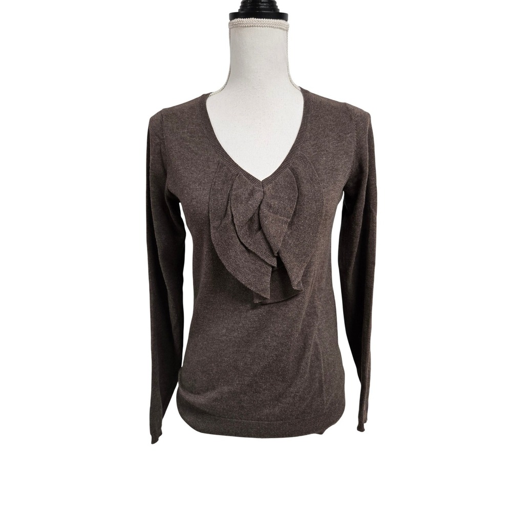 Lilla P Ruffle V-Neck Cotton Cashmere Blend Sweater Brown Womens Size XS
